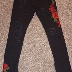 Reckless Embroidered Black Jeans with Red Floral Design Size 34x34 Men's